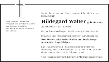 Traueranzeige von Hildegard Walter 