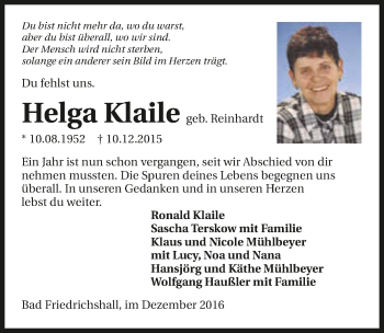 Traueranzeige von Helga Klaile 