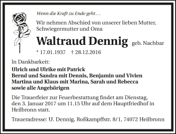 Traueranzeige von Waltraud Dennig 