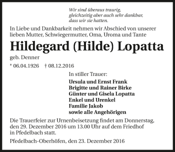 Traueranzeige von Hildegard Lopatta 