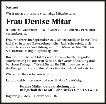 Traueranzeige von Denise Mitar 