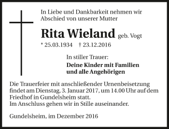 Traueranzeige von Rita Wieland 