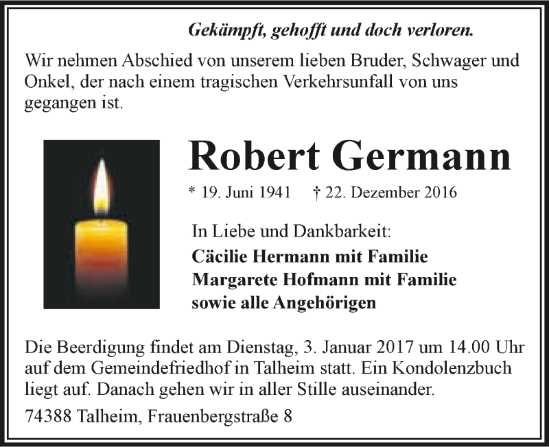  Traueranzeige für Robert Germann vom 29.12.2016 aus 