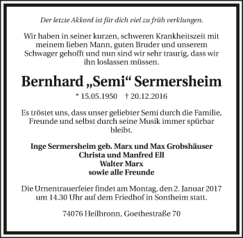 Traueranzeige von Bernhard Sermersheim 