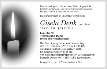 Traueranzeige von Gisela Denk 