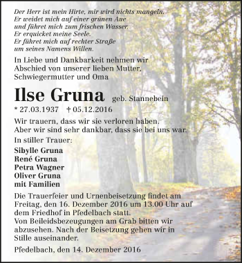 Traueranzeige von Ilse Gruna 