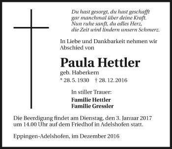 Traueranzeige von Paula Hettler 