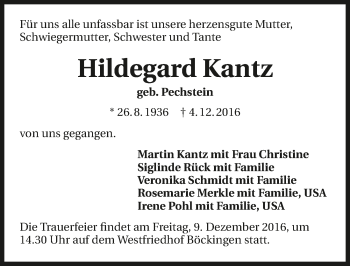 Traueranzeige von Hildegard Kantz 