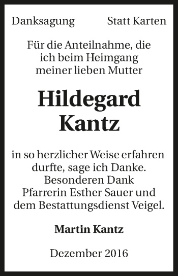 Traueranzeige von Hildegard Kantz 