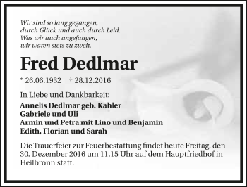 Traueranzeige von Fred Dedlmar 