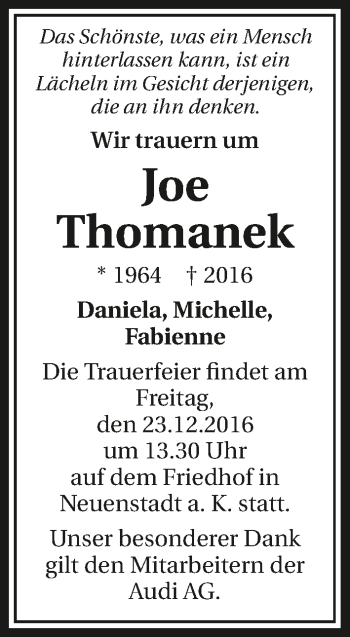 Traueranzeige von Joe Thomanek 