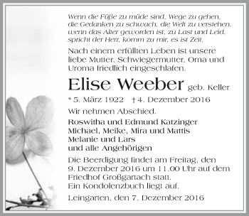 Traueranzeige von Elise Weeber 