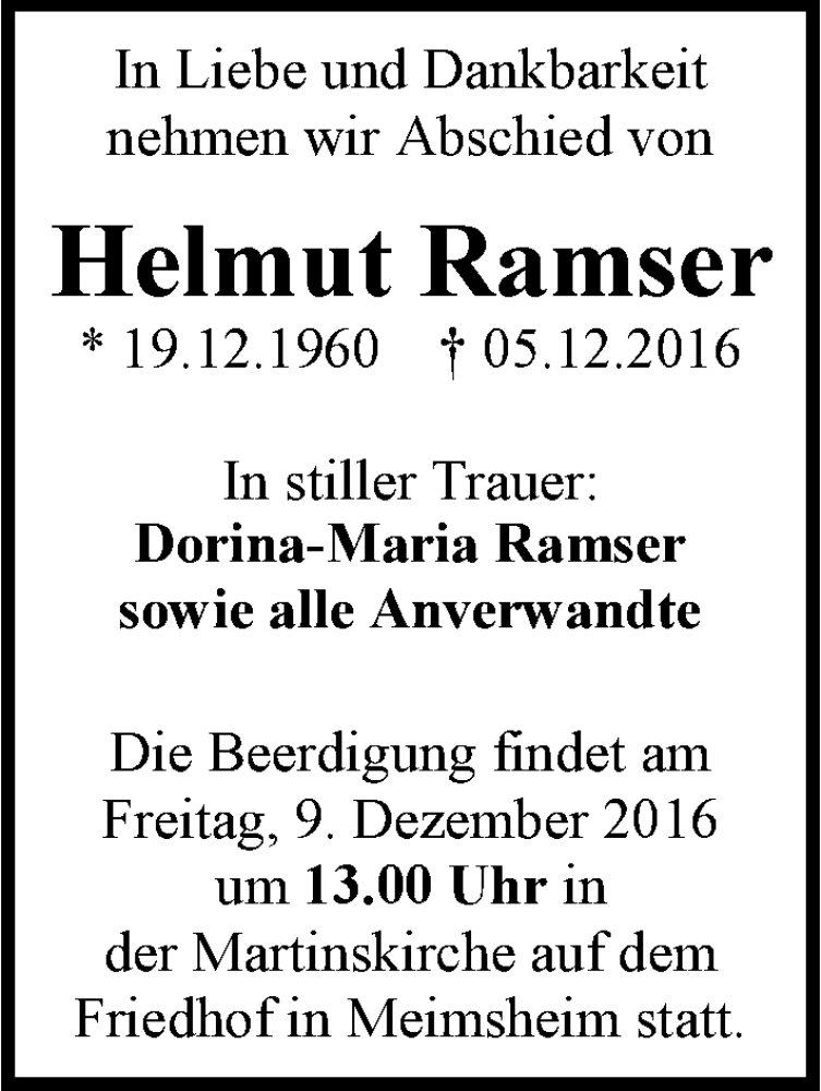  Traueranzeige für Helmut Ramser vom 07.12.2016 aus 