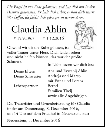 Traueranzeige von Claudia Ahlin 