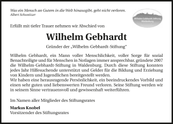 Traueranzeige von Wilhelm Gebhardt 