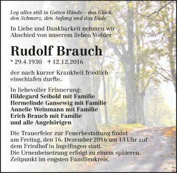 Traueranzeige von Rudolf Brauch 