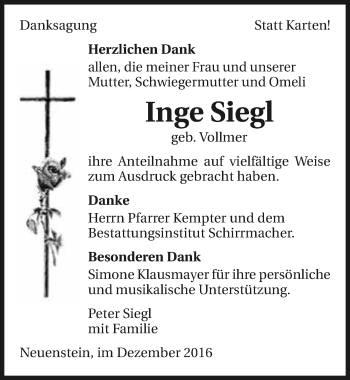 Traueranzeige von Inge Siegl 