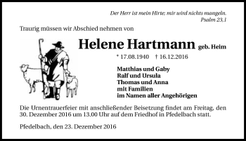 Traueranzeige von Helene Hartmann 