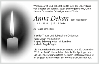 Traueranzeige von Anna Dekan 