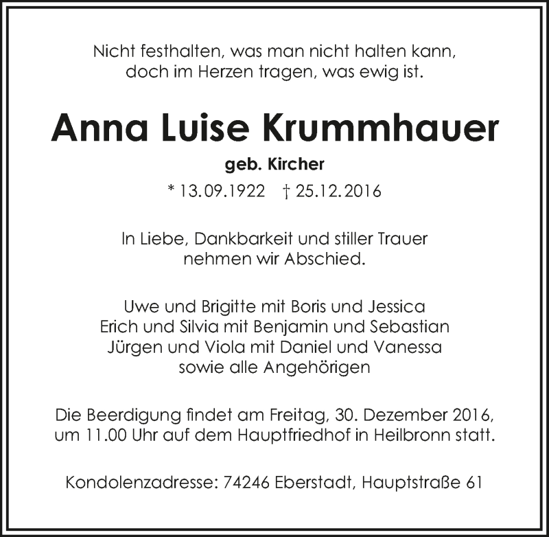  Traueranzeige für Anna Luise Krummhauer vom 28.12.2016 aus 