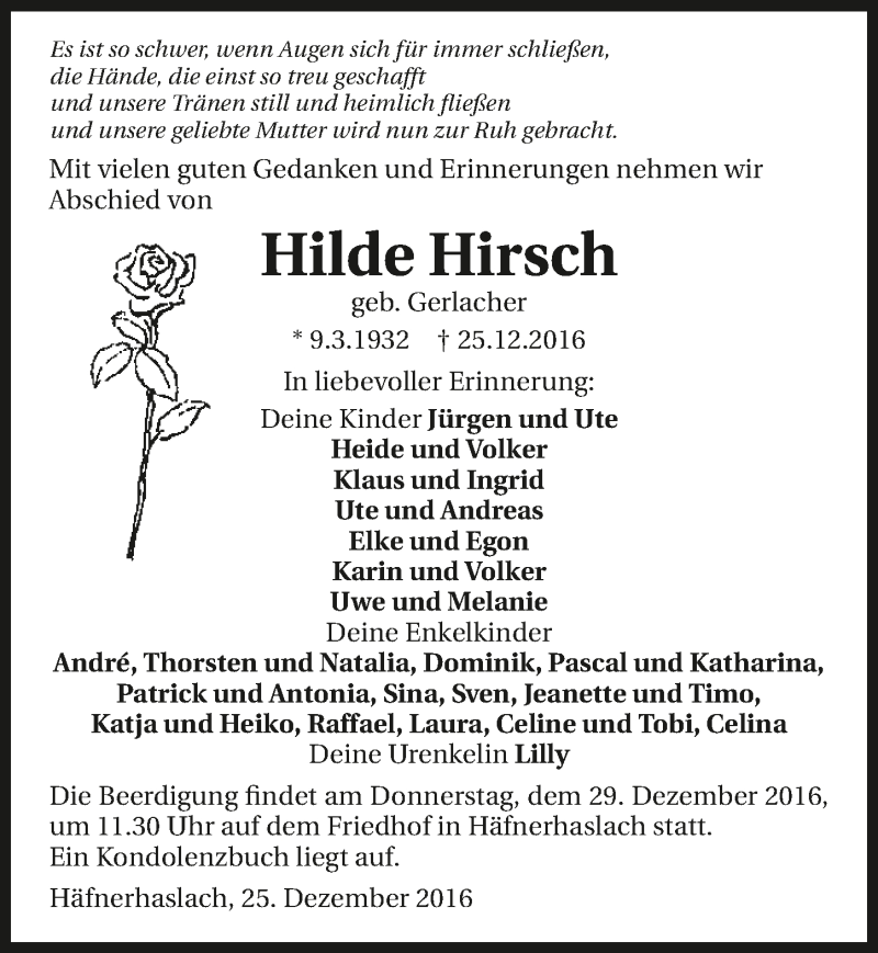  Traueranzeige für Hilde Hirsch vom 28.12.2016 aus 