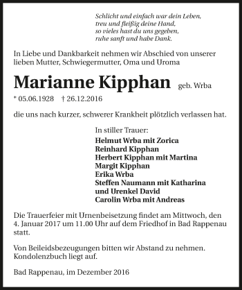 Traueranzeige von Marianne Kipphan 