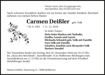 Traueranzeige von Carmen Deißler 