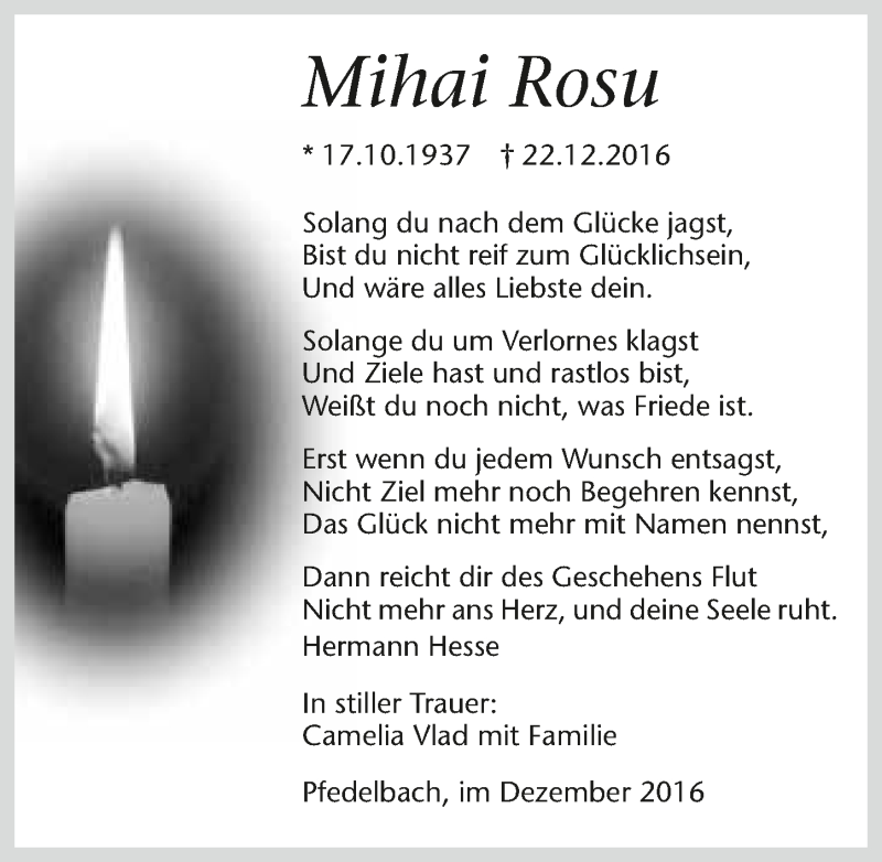  Traueranzeige für Mihai Rosu vom 31.12.2016 aus 
