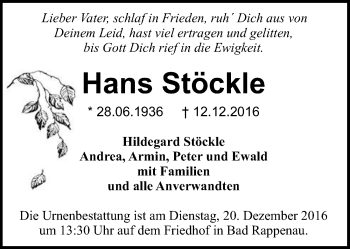 Traueranzeige von Hans Stöckle 