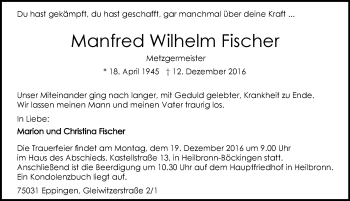 Traueranzeige von Manfred Wilhelm Fischer 