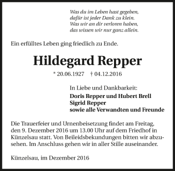 Traueranzeige von Hildegard Repper 