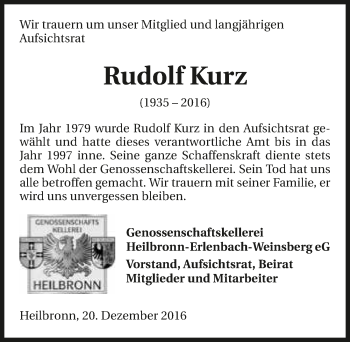 Traueranzeige von Rudolf Kurz 