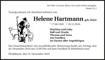 Traueranzeige von Helene Hartmann 