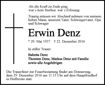 Traueranzeige von Erwin Denz 