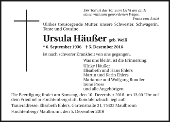 Traueranzeige von Ursula Häußer 