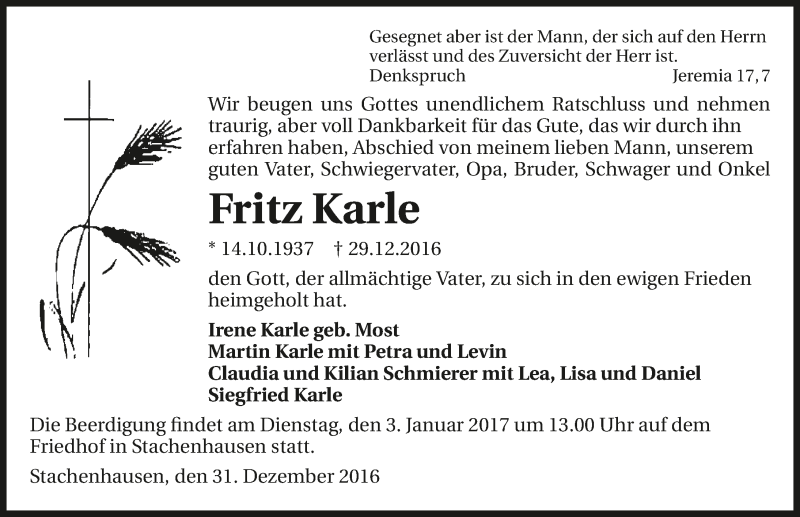  Traueranzeige für Fritz Karle vom 31.12.2016 aus 