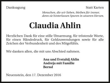 Traueranzeige von Claudia Ahlin 