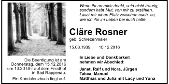 Traueranzeige von Cläre Rosner 