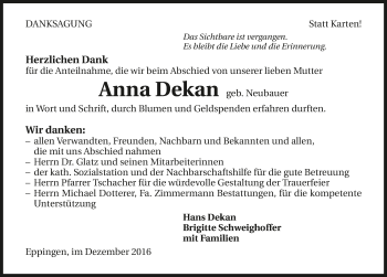 Traueranzeige von Anna Dekan 