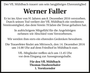 Traueranzeige von Werner Faller 