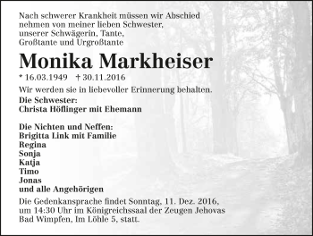 Traueranzeige von Monika Markheiser 