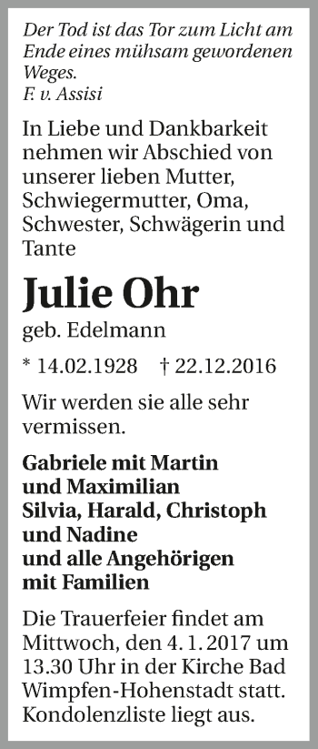 Traueranzeige von Julie Ohr 