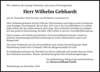 Traueranzeige von Wilhelm Gebhardt 