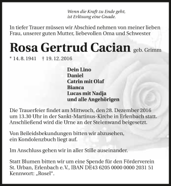 Traueranzeige von Rosa Gertrud Cacian 