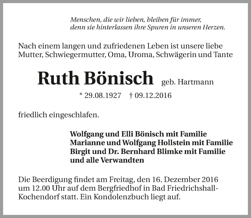  Traueranzeige für Ruth Bönisch vom 14.12.2016 aus 