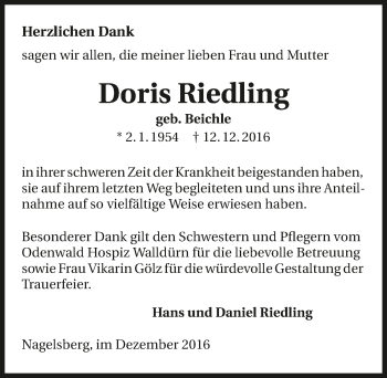 Traueranzeige von Doris Riedling 