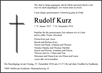 Traueranzeige von Rudolf Kurz 