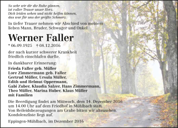 Traueranzeige von Werner Faller 