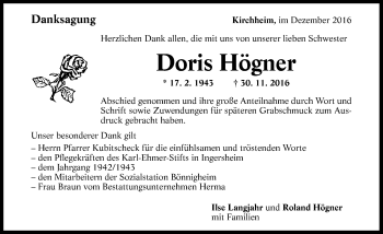 Traueranzeige von Doris Högner 