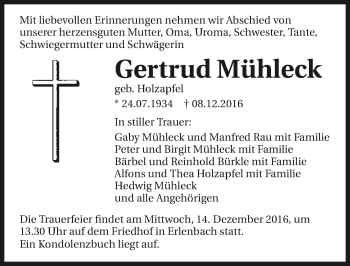 Traueranzeige von Gertrud Mühleck 